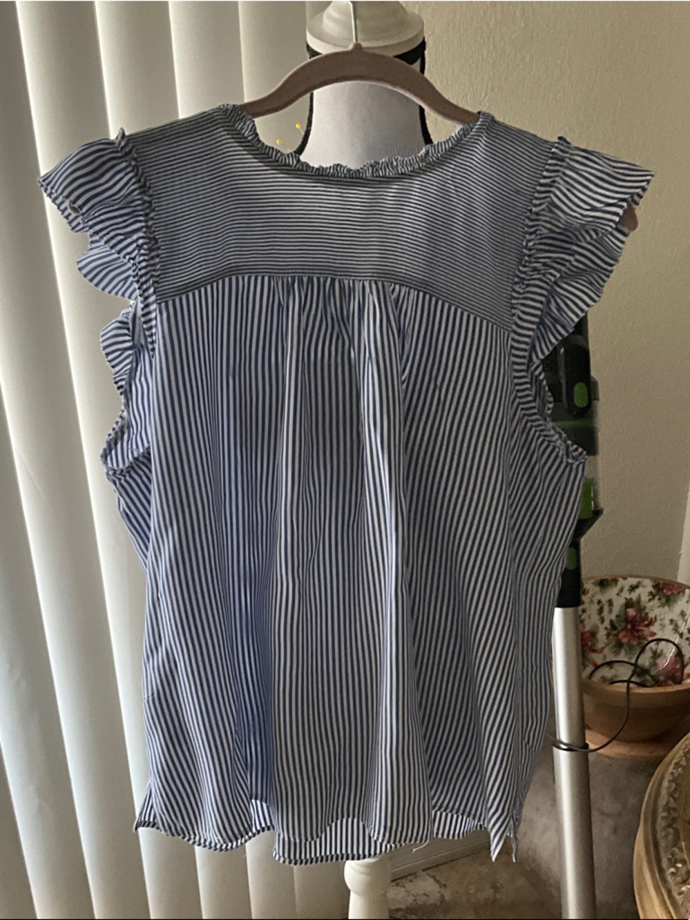 LOFT Blue and White Striped Ruffle Sleeve Blouse
